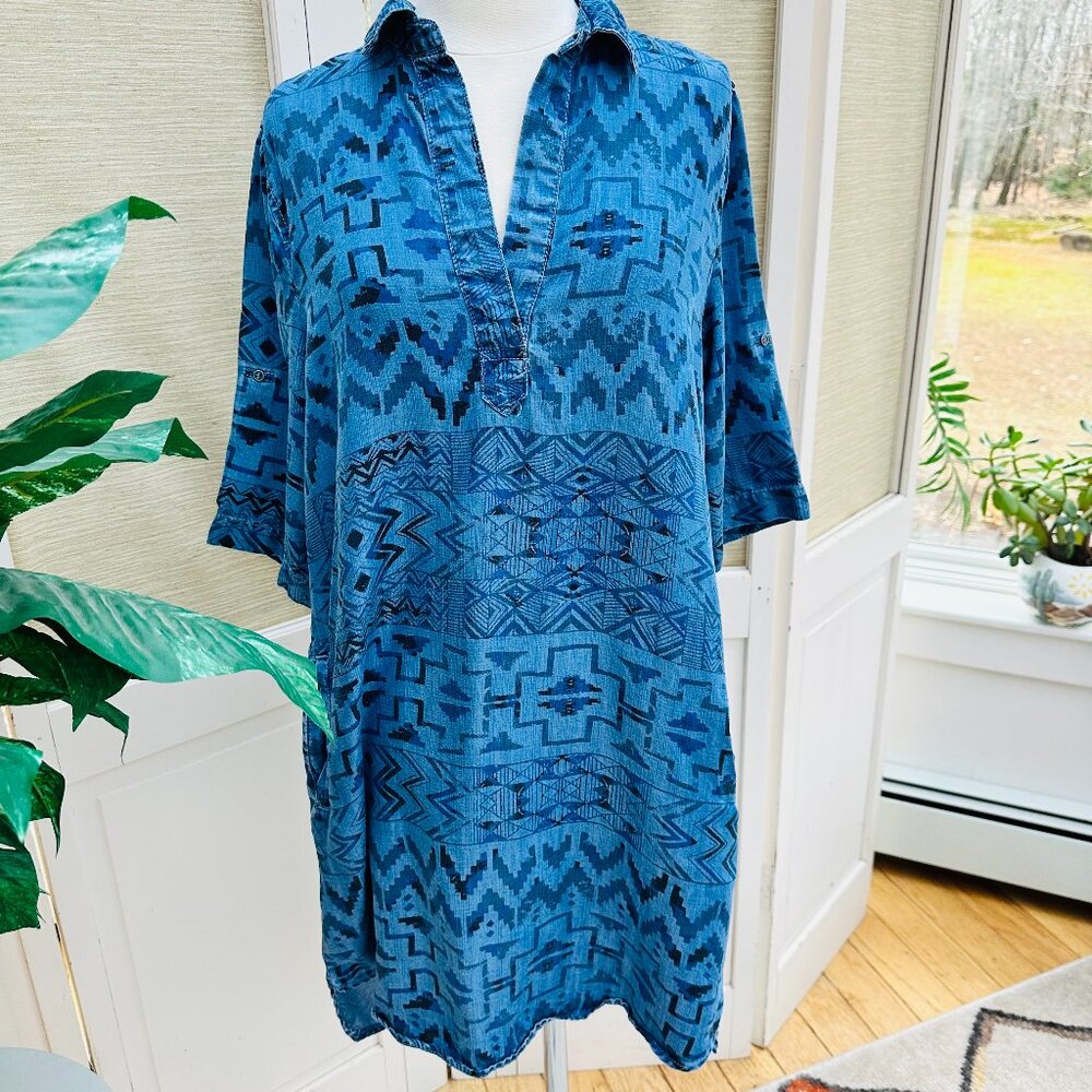 Philosophy Tencel Chambray Southwestern Shirt Dress Tunic Blue Medium